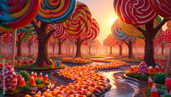 Fototapeta A whimsical candy land with lollipop trees and a river of candy corn under a warm sunset creating a sweet and enchanting landscape