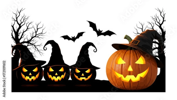 Fototapeta Enchanting Halloween Night: A gathering of carved pumpkins adorned with witch hats, illuminated by glowing light, sets a whimsical scene. Bats are flying in the night with a silhouettes of bare trees.