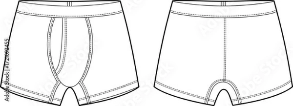Obraz Men boxer briefs underwear vector flat sketch, front and back view template illustration, fashion apparel design for clothing and textile