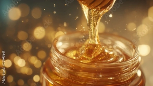 Fototapeta Liquid honey, glowing with amber and gold tones, is being poured automatically into a honey jar. The atmosphere is clean, natural, and premium. 