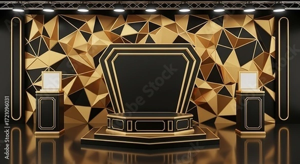 Obraz Elegant black and gold presentation podium with geometric patterned backdrop, ideal for showcasing products.