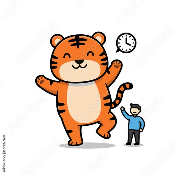 Fototapeta Funny Cartoon Tiger with Person and Alarm Clock