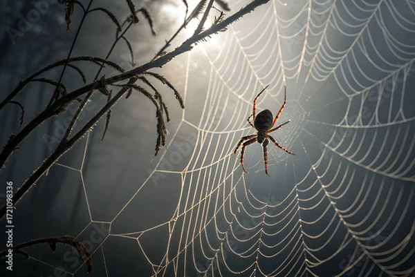 Fototapeta PNG transparent image of a spooky spider web with hanging spider, perfect for Halloween decorations, party invitations, posters, and creepy designs.