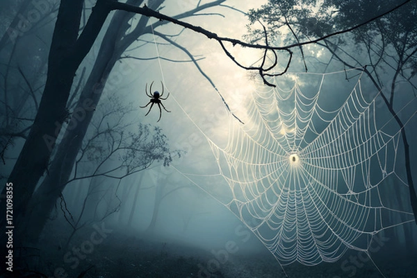Fototapeta PNG transparent image of a spooky spider web with hanging spider, perfect for Halloween decorations, party invitations, posters, and creepy designs.