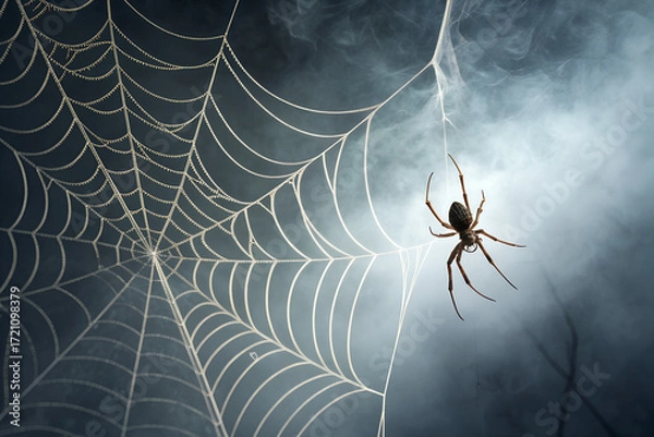 Fototapeta PNG transparent image of a spooky spider web with hanging spider, perfect for Halloween decorations, party invitations, posters, and creepy designs.