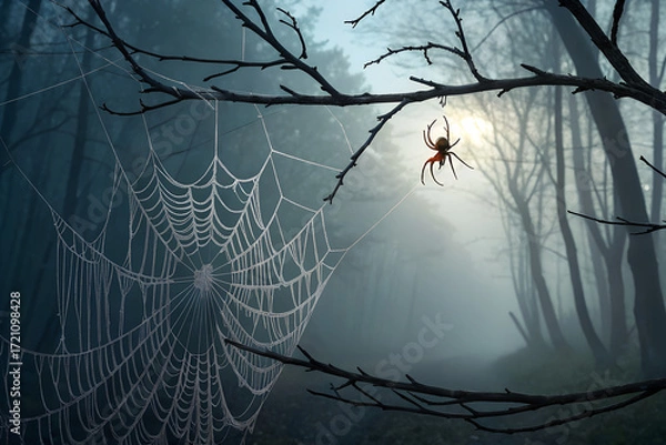 Fototapeta PNG transparent image of a spooky spider web with hanging spider, perfect for Halloween decorations, party invitations, posters, and creepy designs.
