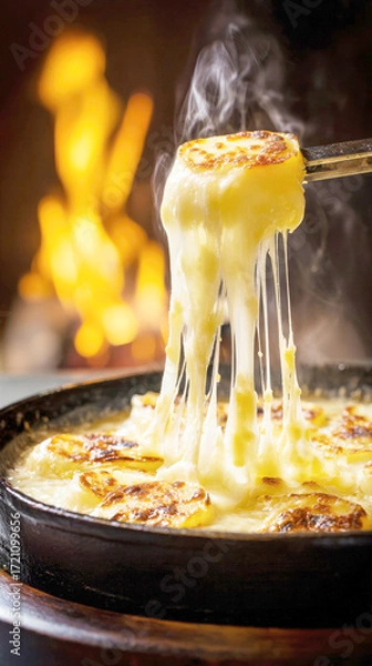 Fototapeta Stretchy melted cheese lifted from skillet with browned rounds and rising steam, sharp closeup on cast-iron, fire bokeh in the background, rustic tavern mood, concept of comfort food advertising