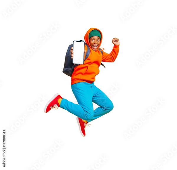Fototapeta student  Jumping with Smartphone on White Background