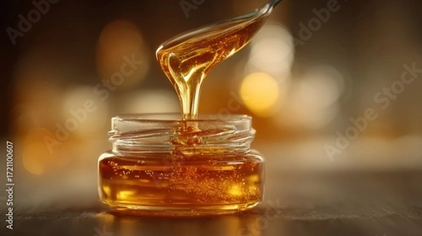 Fototapeta Liquid honey, glowing with amber and gold tones, is being poured automatically into a honey jar. The atmosphere is clean, natural, and premium. 