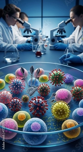Obraz Scientists in a laboratory setting examine colorful microscopic organisms in a petri dish.