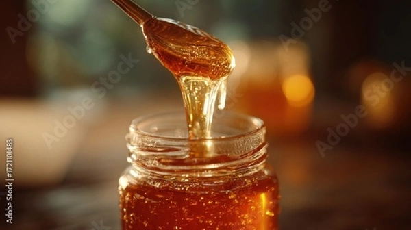 Fototapeta Liquid honey, glowing with amber and gold tones, is being poured automatically into a honey jar. T