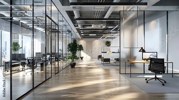 Fototapeta modern office design with open workspace, collaborative areas, glass walls, ergonomic furniture, stylish lighting, cinematic 16:9