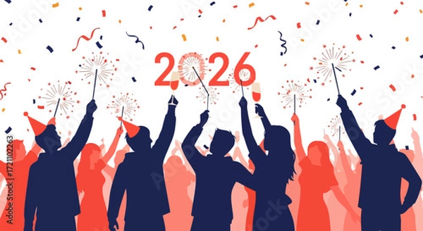 Fototapeta Modern Silhouette Crowd Celebrating New Year 2026 with Sparklers Illustration