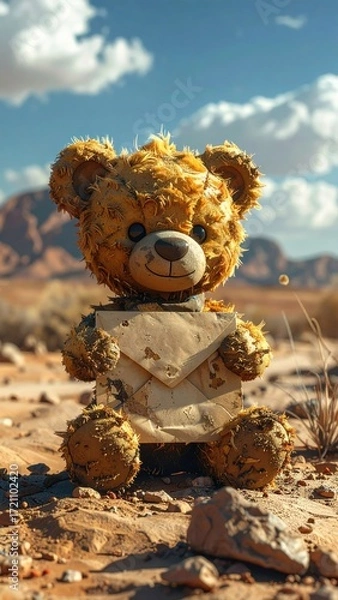 Fototapeta Dusty Golden Teddy Bear Holding Envelope in Desert Landscape