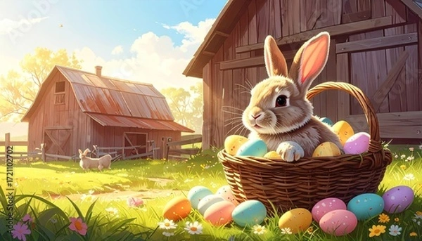 Fototapeta Easter Bunny in Basket with Colorful Eggs at Sunrise Farm