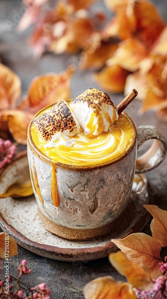 Fototapeta Warm pumpkin latte with toasted marshmallows on a cinnamon stick in a rustic ceramic mug on saucer, caramel swirls, autumn leaves in foreground, soft bokeh background, concept for beverage advertising