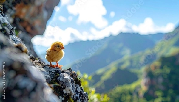 Fototapeta Fluffy Yellow Chickling on Mountain Rock