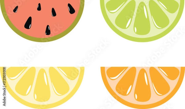 Fototapeta A set of citrus fruits: lime, watermelon, orange, and lemon, sliced ​​into round shapes. Vector illustration on a white background.