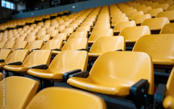 Obraz Empty yellow stadium seat close up with shallow depth of field and repetitive rows