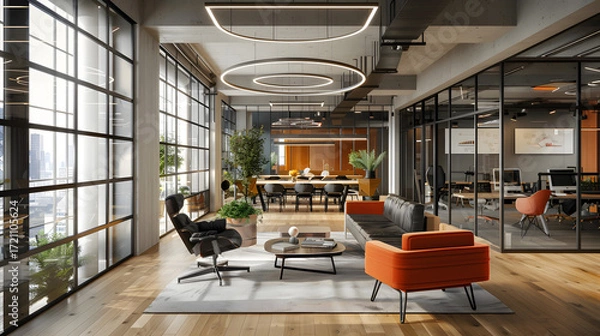 Fototapeta modern office design with open workspace, collaborative areas, glass walls, ergonomic furniture, stylish lighting, cinematic 16:9
