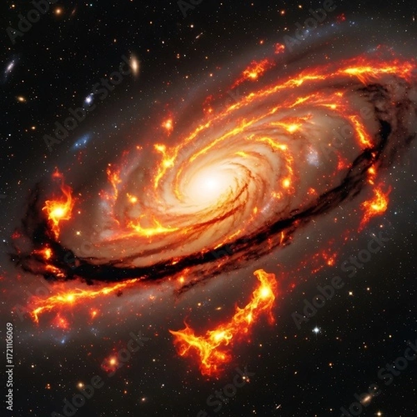 Obraz A vibrant spiral galaxy ablaze with fiery, orange-red stellar activity dominates the cosmic expanse.