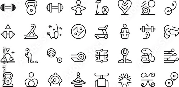 Fototapeta Modern fitness icons for wellness brands, gyms, and health apps: Simple line art for a healthy lifestyle and workout routines, scalable vector elements