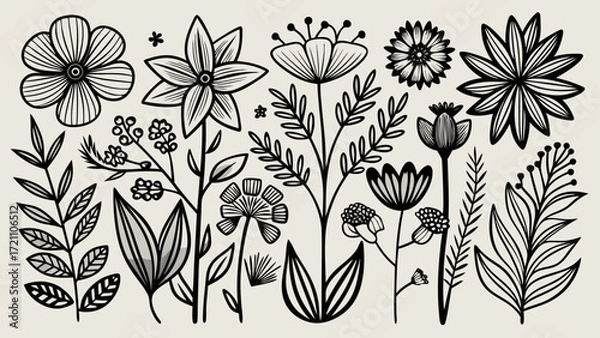Fototapeta Simple black line drawings of various flowers and plants, graceful organic forms, versatile minimalist aesthetics, perfect for elegant branding, invitations, or creative projects needing refined 