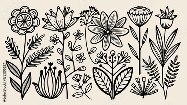 Fototapeta Simple black line drawings of various flowers and plants, graceful organic forms, versatile minimalist aesthetics, perfect for elegant branding, invitations, or creative projects needing refined 