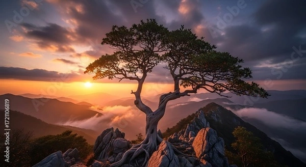 Obraz A majestic tree stands sentinel atop a rocky mountain peak at sunset, bathed in warm golden light, overlooking a valley shrouded in mist.
