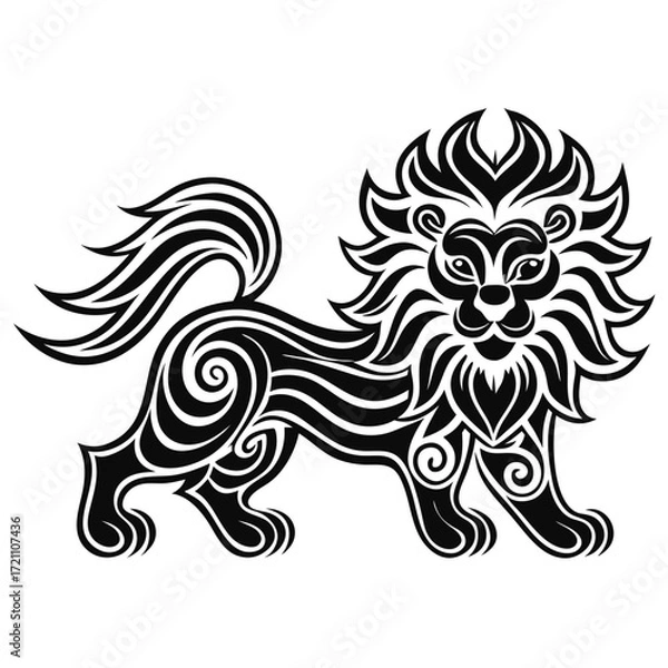 Fototapeta Stylized black lion with flowing mane and tail white