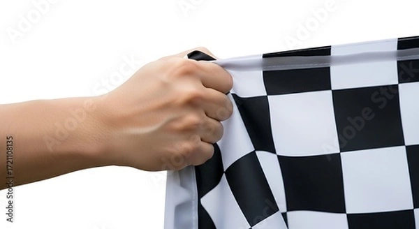 Obraz A hand holds the checkered flag, signifying a competition's completion.