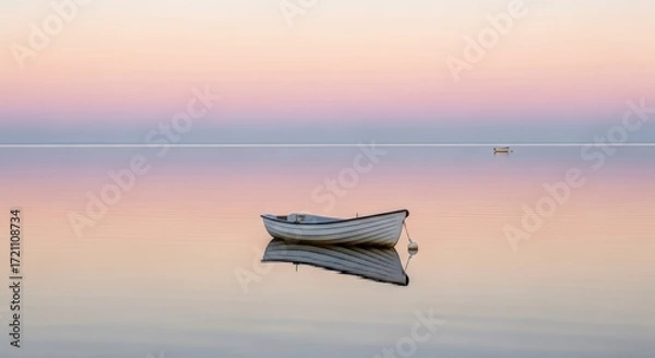 Fototapeta A lone white rowboat floats serenely on calm water reflecting the soft pastel colors of a sunrise or sunset sky.
