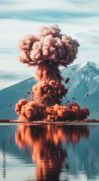 Fototapeta Massive pink explosion over calm lake and mountains.