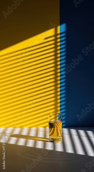 Fototapeta A glass of water with lemon sits on a white surface, casting a long shadow from bright sunlight filtering through window blinds against a yellow and blue wall.