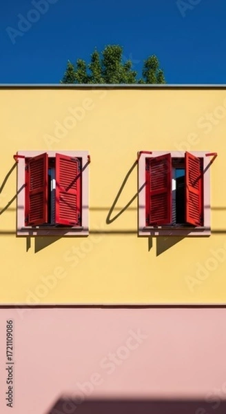 Fototapeta Vibrant yellow building facade with two open red window shutters under a clear blue sky and green tree foliage.