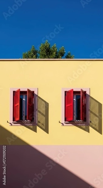 Fototapeta Bright yellow building facade with two red window shutters, a clear blue sky, and a tree.