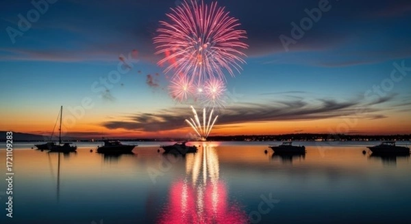 Fototapeta Vibrant fireworks explode over a tranquil bay at sunset, illuminating the water and silhouetted boats.