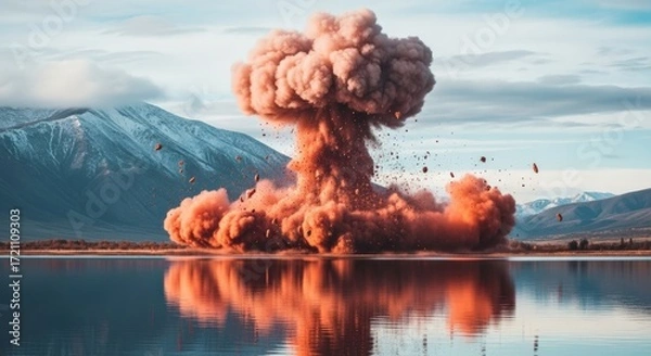 Fototapeta Large explosion over a lake, with a mushroom cloud of pink smoke, reflecting in the water, against a backdrop of mountains.