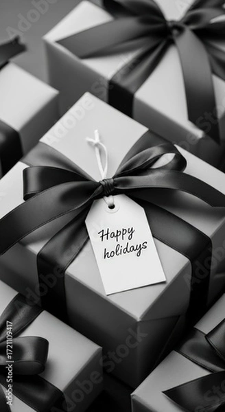 Fototapeta Close-up view of several wrapped gifts with black ribbons and a tag that says "Happy Holidays".