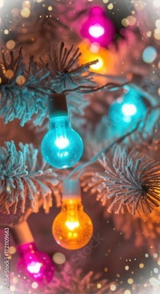 Fototapeta Close-up of vibrant, colorful Christmas lights illuminating a frosted evergreen tree branch with festive bokeh in the background.