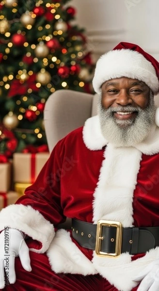 Fototapeta African American Santa Claus seated in front of a Christmas tree, smiling warmly.