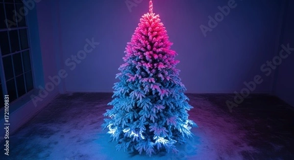 Fototapeta Christmas tree illuminated with pink and blue lights in a room.