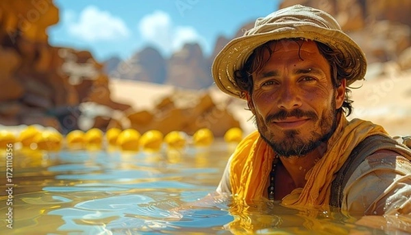 Fototapeta Man in Straw Hat Submerged in Oasis Water