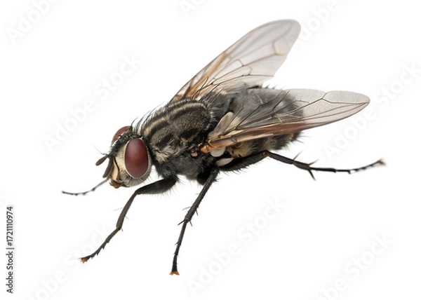 Fototapeta Detailed macro shot of a housefly with red eyes isolated on a transparent background