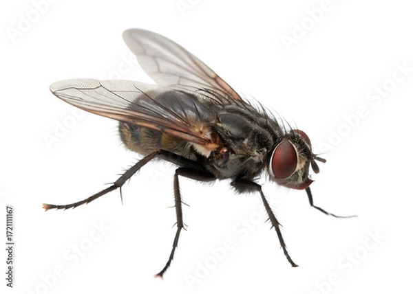 Fototapeta Detailed macro view of a housefly with red eyes isolated on a transparent background