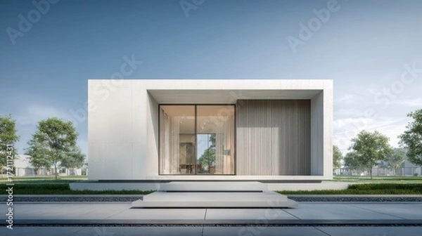 Fototapeta Minimalist Architecture: A modern house with clean lines, glass, and wood accents creates an elegant exterior in the daylight. A tranquil suburban neighborhood.