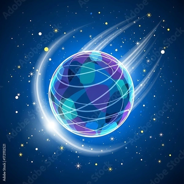 Fototapeta A vibrant, stylized depiction of a planet against a cosmic backdrop, showcasing a dynamic interplay of color and light.