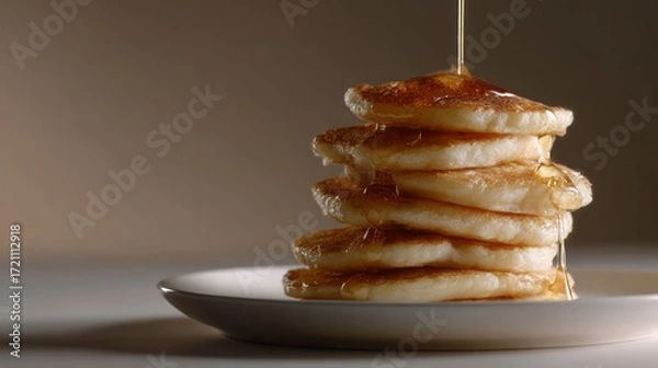 Fototapeta Golden syrup cascades down a whimsical tower of fluffy pancakes, evoking Carnival indulgence and Pancake Day revelry