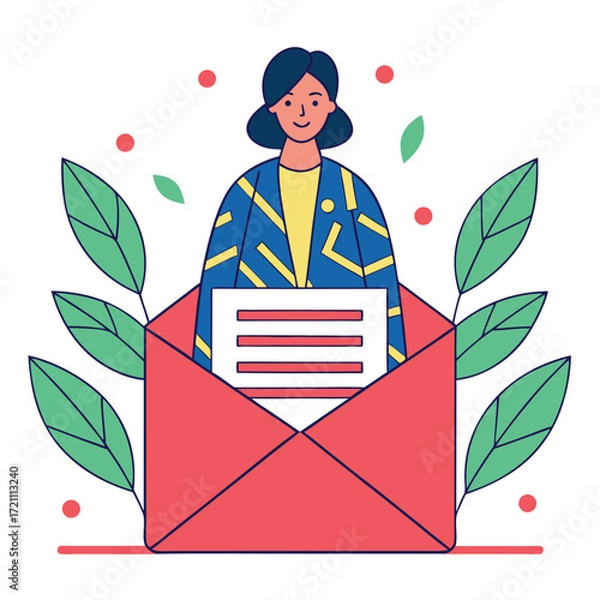 Fototapeta Woman emerging from red envelope with document letter