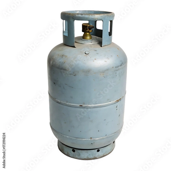 Fototapeta Light blue gas cylinder with brass valve isolated on a transparent background propane tank